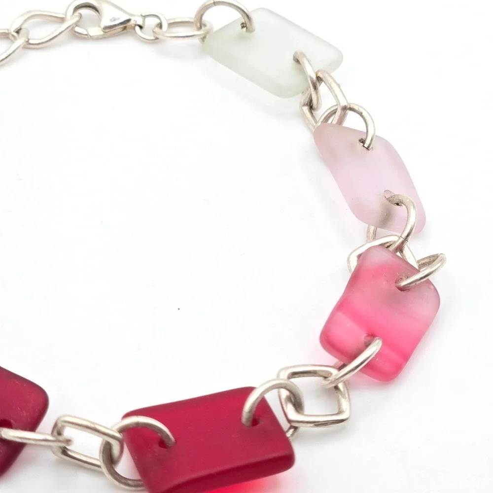 Sterling Silver 925 Frosted Sea‎ Glass Multi Color Rectangle Link Bracelet